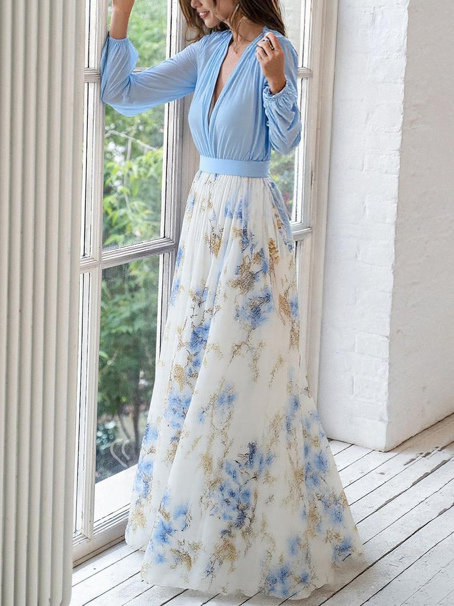 Floral Colorblock Deep V Neck Lantern Sleeve Flowy Maxi Dress - Wedding Guest