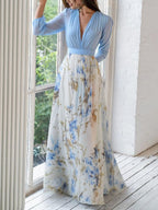 Floral Colorblock Deep V Neck Lantern Sleeve Flowy Maxi Dress - Wedding Guest
