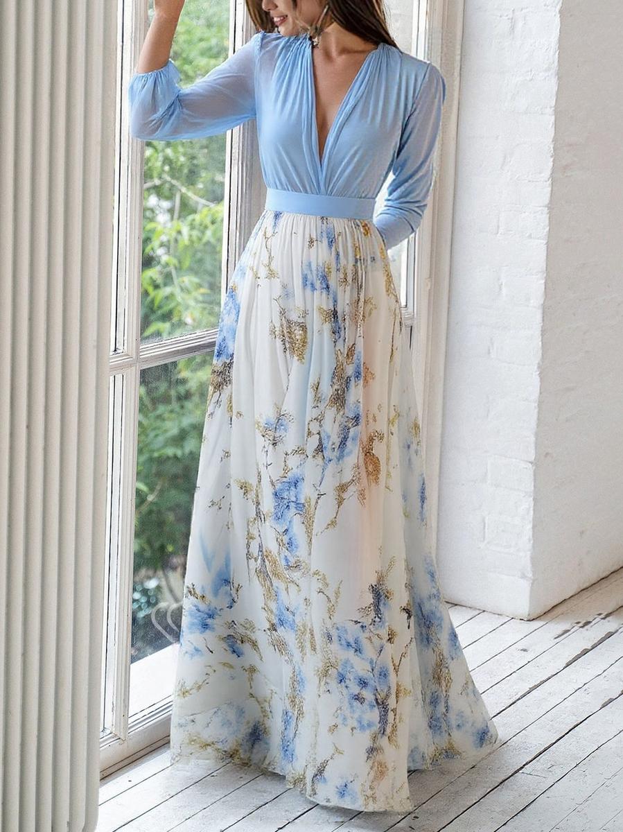 Floral Colorblock Deep V Neck Lantern Sleeve Flowy Maxi Dress - Wedding Guest
