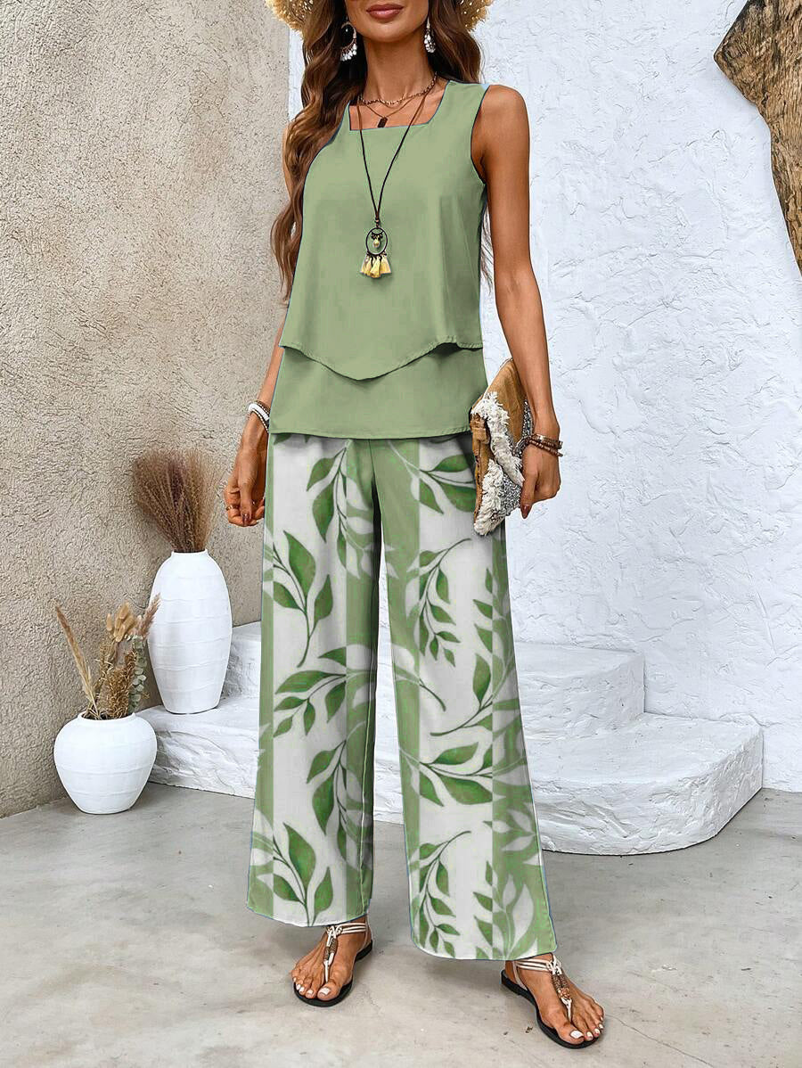 Leaf Print Sleeveless Top Wide Leg Trouser Two Piece Set