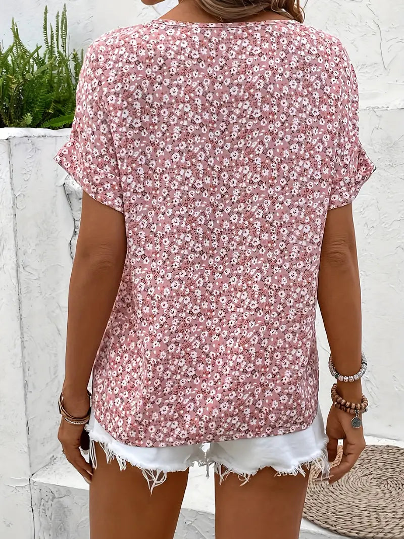 Ditsy Floral Button Front Short Sleeve Summer Blouse