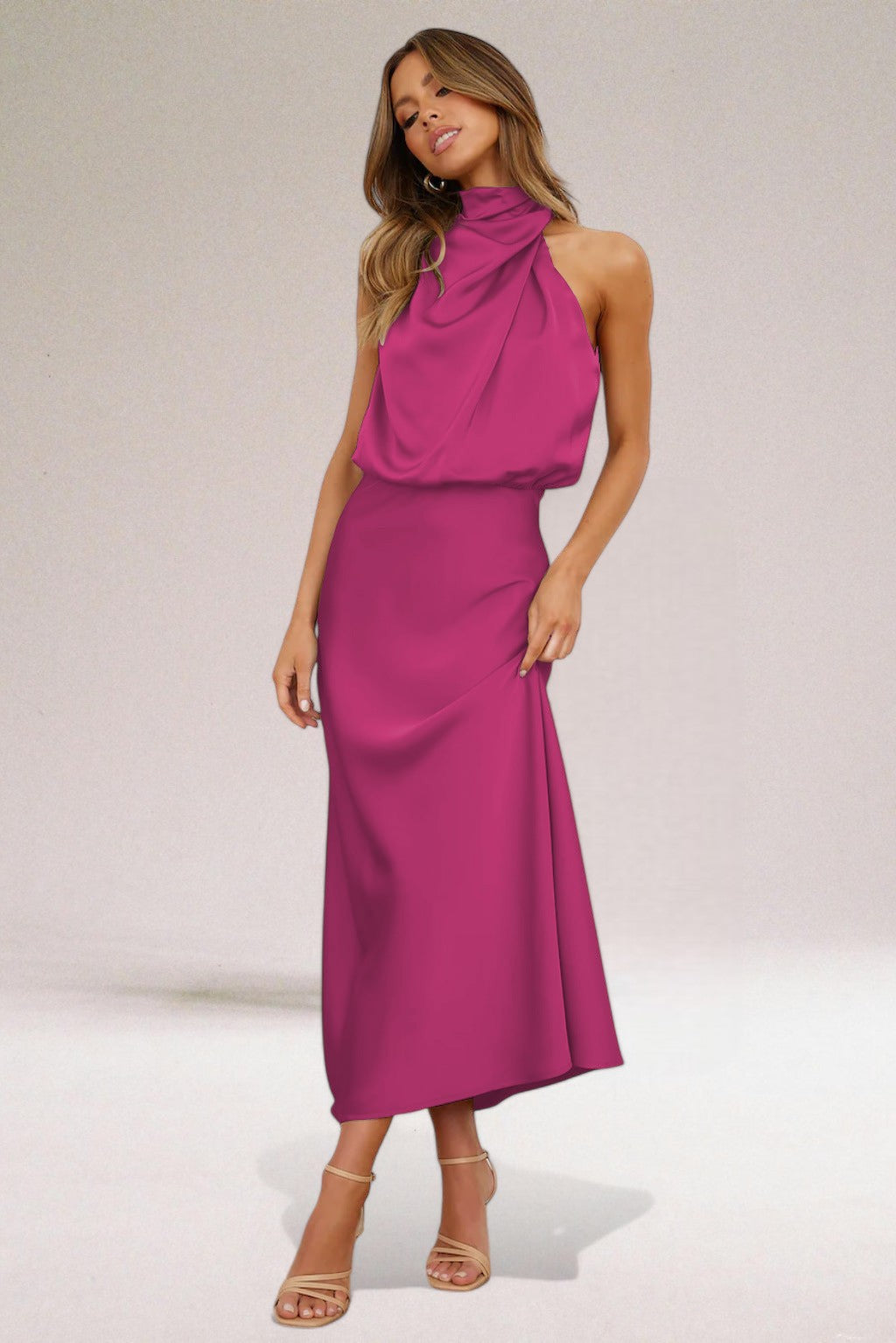 Satin Draped Halter Neck Bias Cut Maxi Dress - Wedding Guest