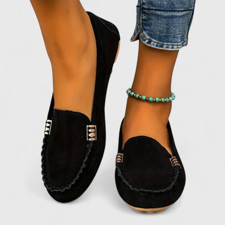 Suede Gold Bar Detail Moccasin Stitch Slip On Flat Loafer