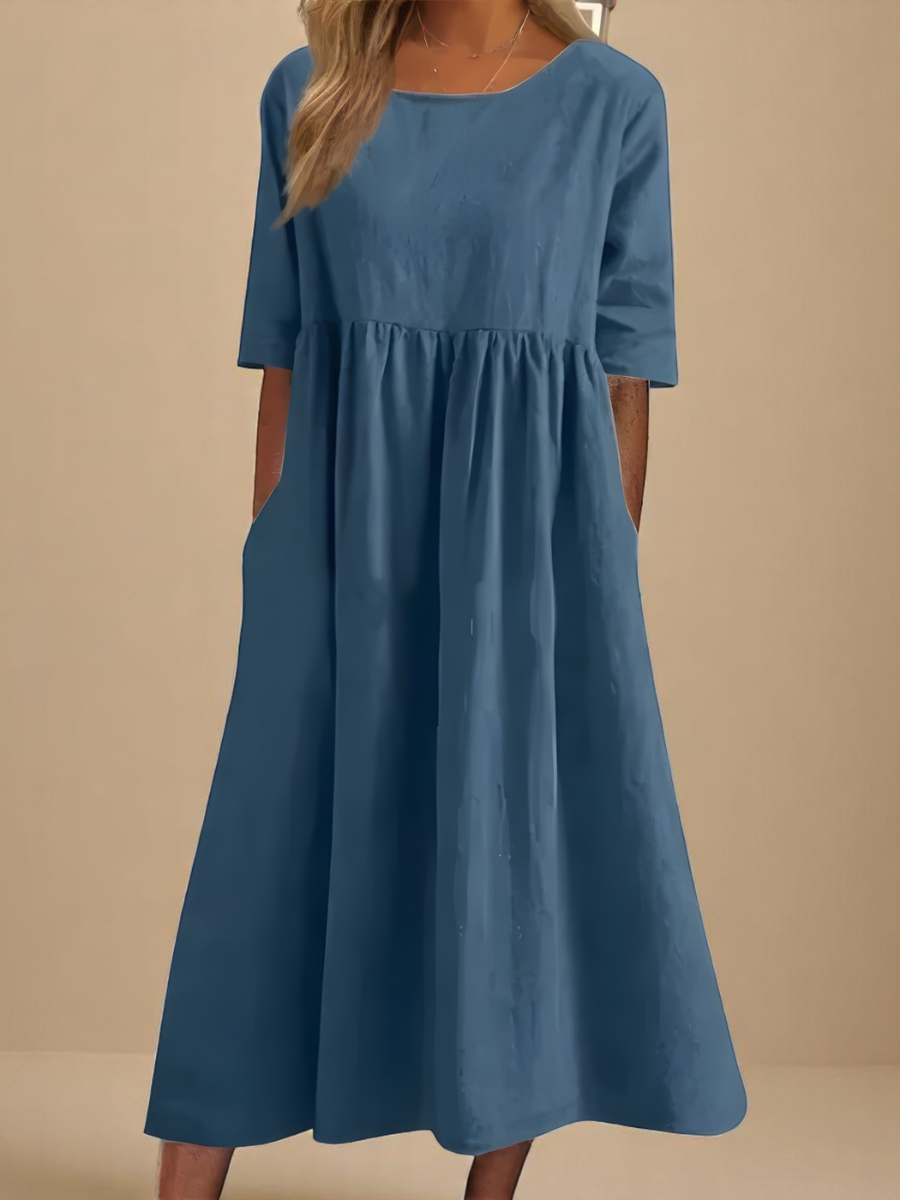 Gathered Waist Three Quarter Sleeve Cotton Midi Dress