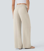 Smocked High Waist Drawstring Wide Leg Linen Pant