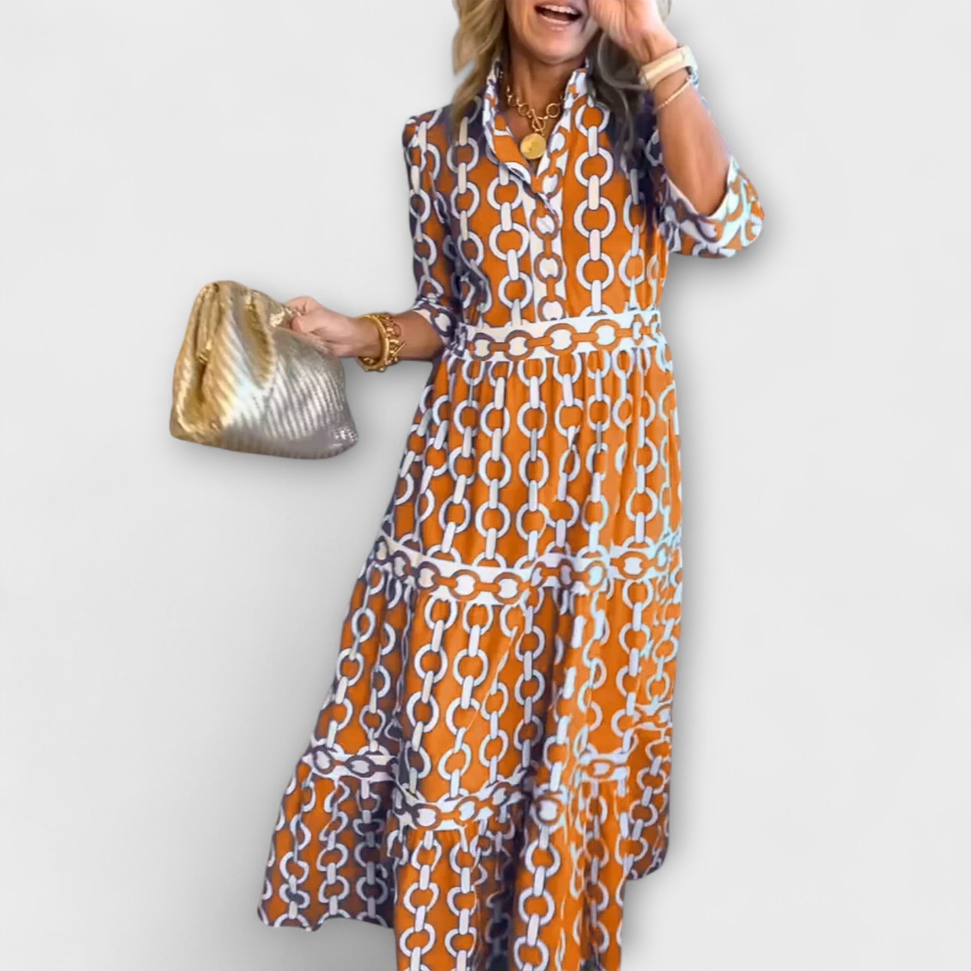 Chain Print Tiered Shirt Casual Midi Dress