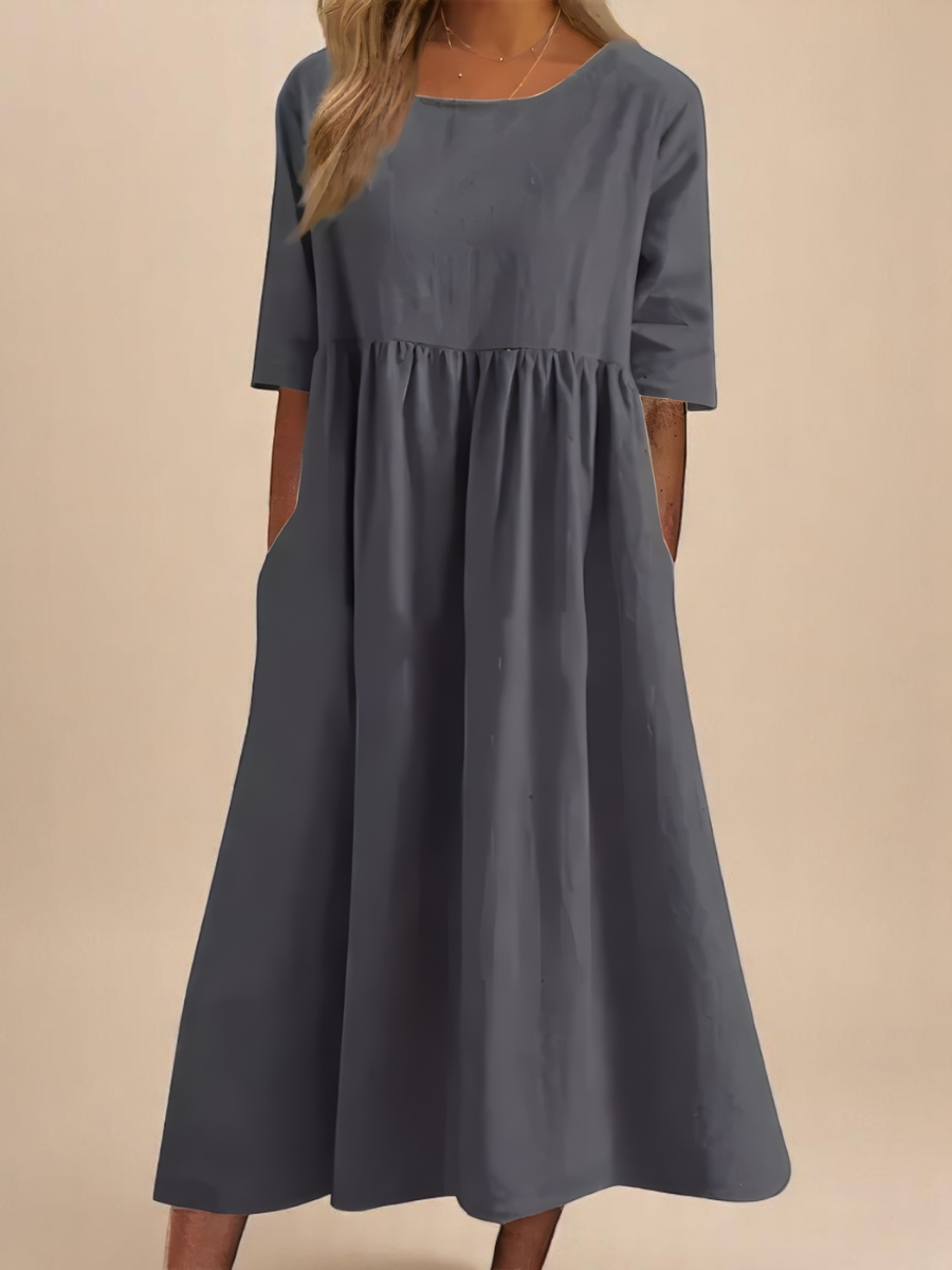 Gathered Waist Three Quarter Sleeve Cotton Midi Dress