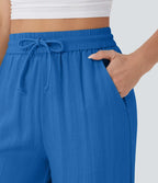 Smocked High Waist Drawstring Wide Leg Linen Pant