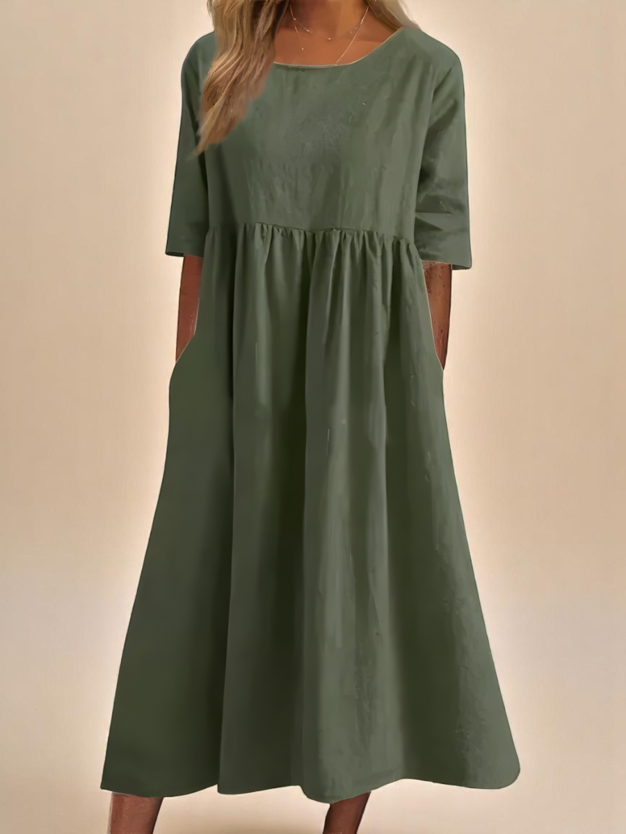 Gathered Waist Three Quarter Sleeve Cotton Midi Dress