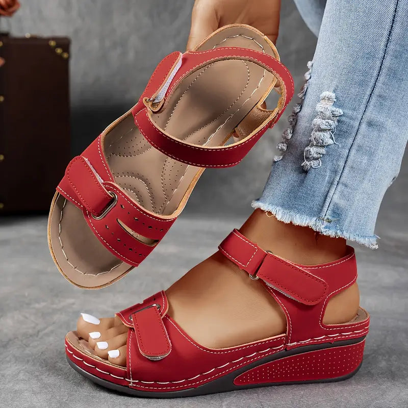 Adjustable Hook Loop Strap Cushioned Casual Wedge Sandals