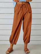 Button Cuff Patch Pocket Drawstring Capri Linen Pant