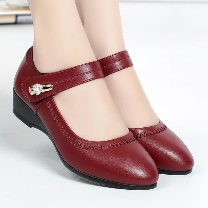 Velcro Strap Embossed Leather Wedge Mary Jane Shoe