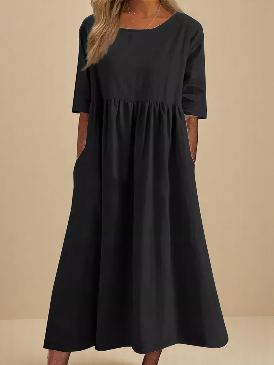 Gathered Waist Three Quarter Sleeve Cotton Midi Dress