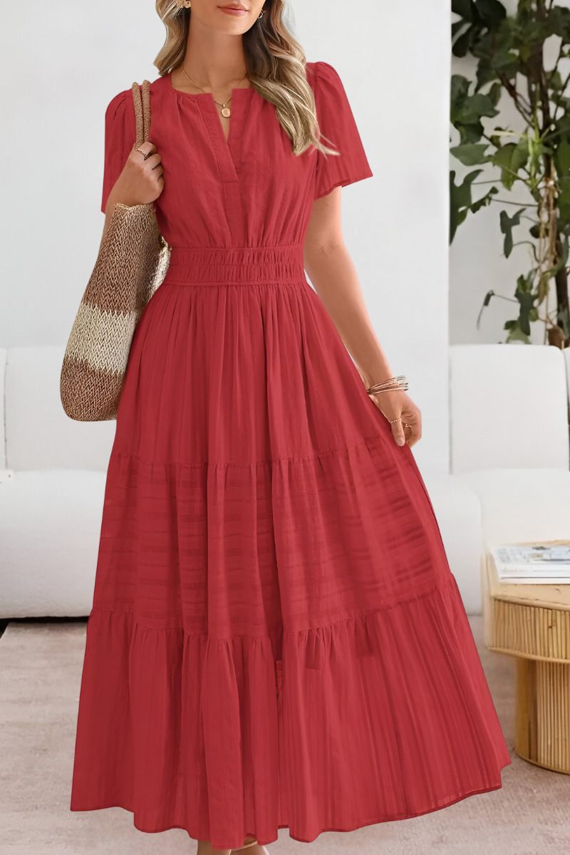 Flutter Sleeve V Neck Smocked Waist Tiered Flowy Maxi Dress