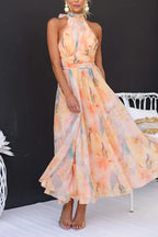 Floral Halter Neck Ruched Waist Flowy Maxi Dress