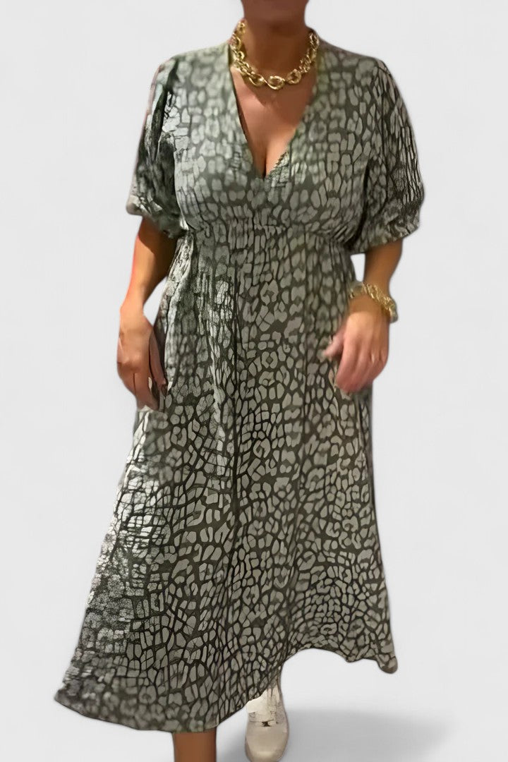 Tropical Stripe Print V Neck Puff Sleeve Empire Waist Maxi Dress