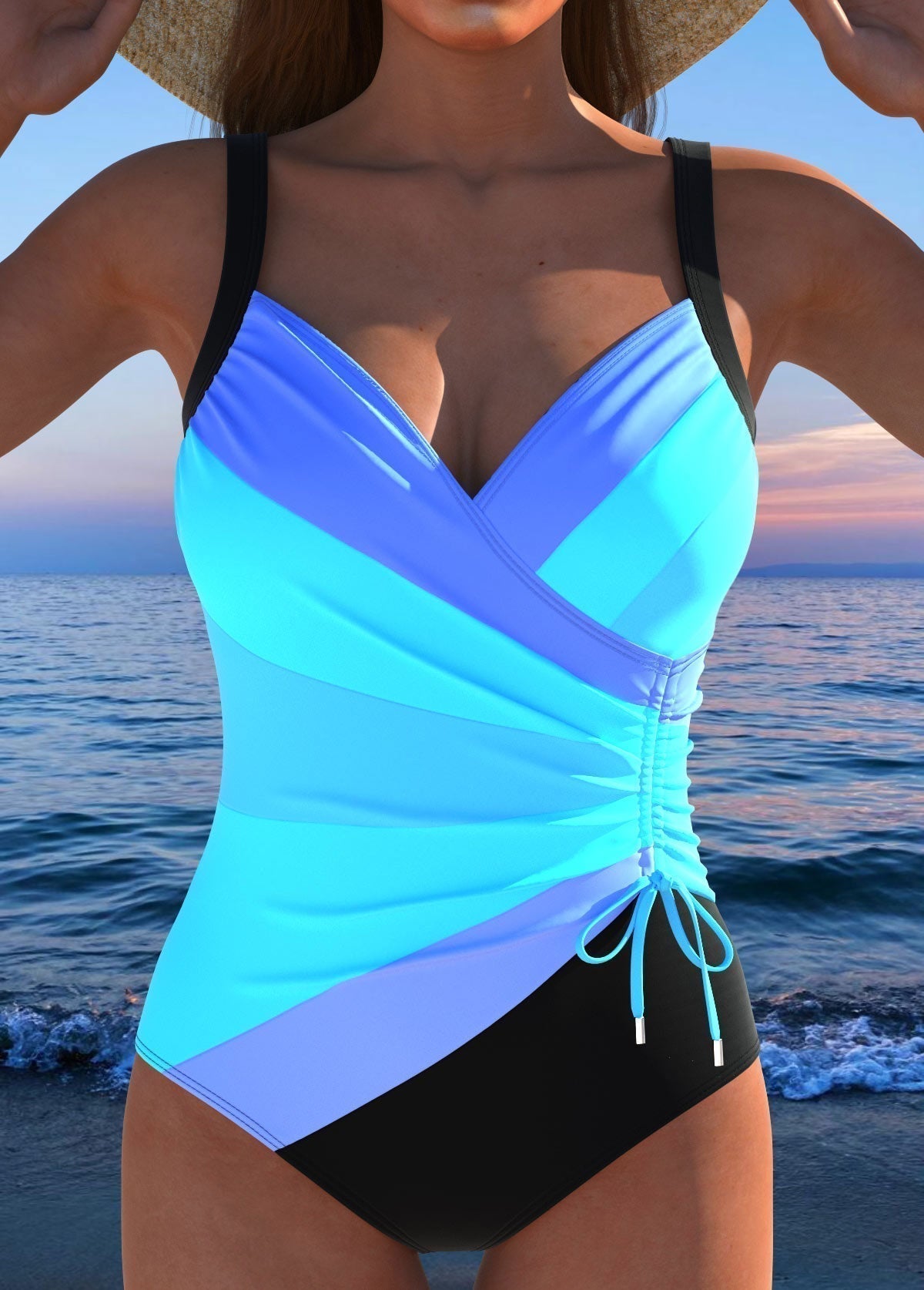 Striped Wrap Front Ruched Tummy Control One Piece Swimsuit