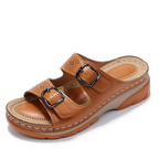 Double Buckle Strap Laser Cut Wedge Platform Slide Sandal