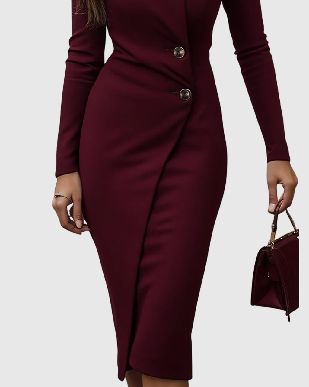 Button Detail Long Sleeve Bodycon Midi Dress - Formal
