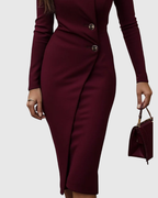 Button Detail Long Sleeve Bodycon Midi Dress - Formal