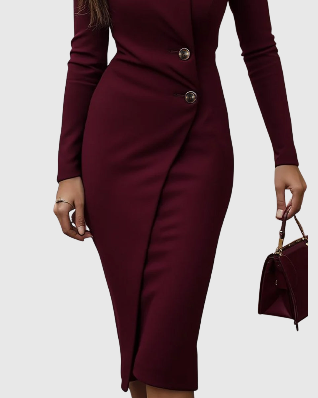 Button Detail Long Sleeve Bodycon Midi Dress - Formal