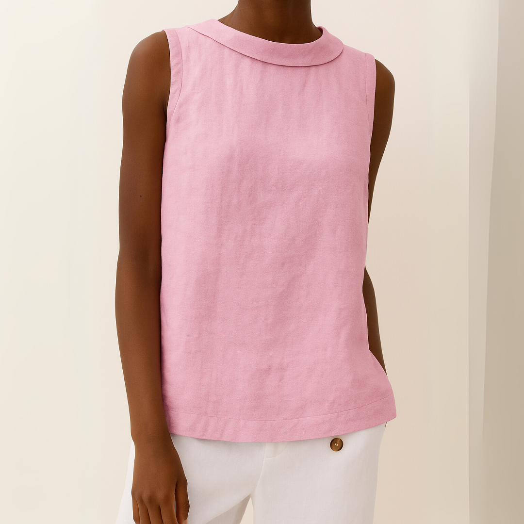 Sleeveless Roll Collar Relaxed Linen Blouse