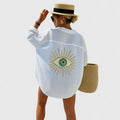 Evil Eye Embroidered Back Oversized Button Down Linen Beach Shirt