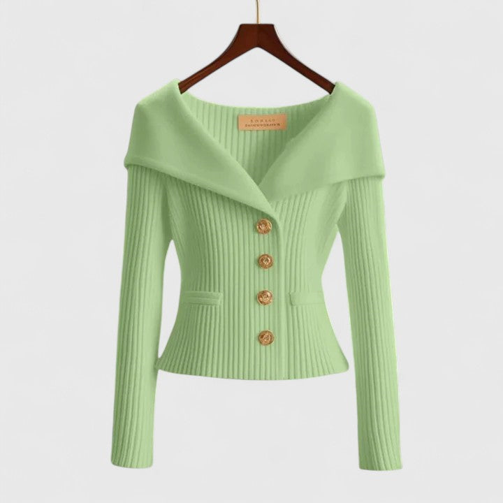 Off Shoulder Fold Collar Gold Button Fitted Ribbed Cardigan