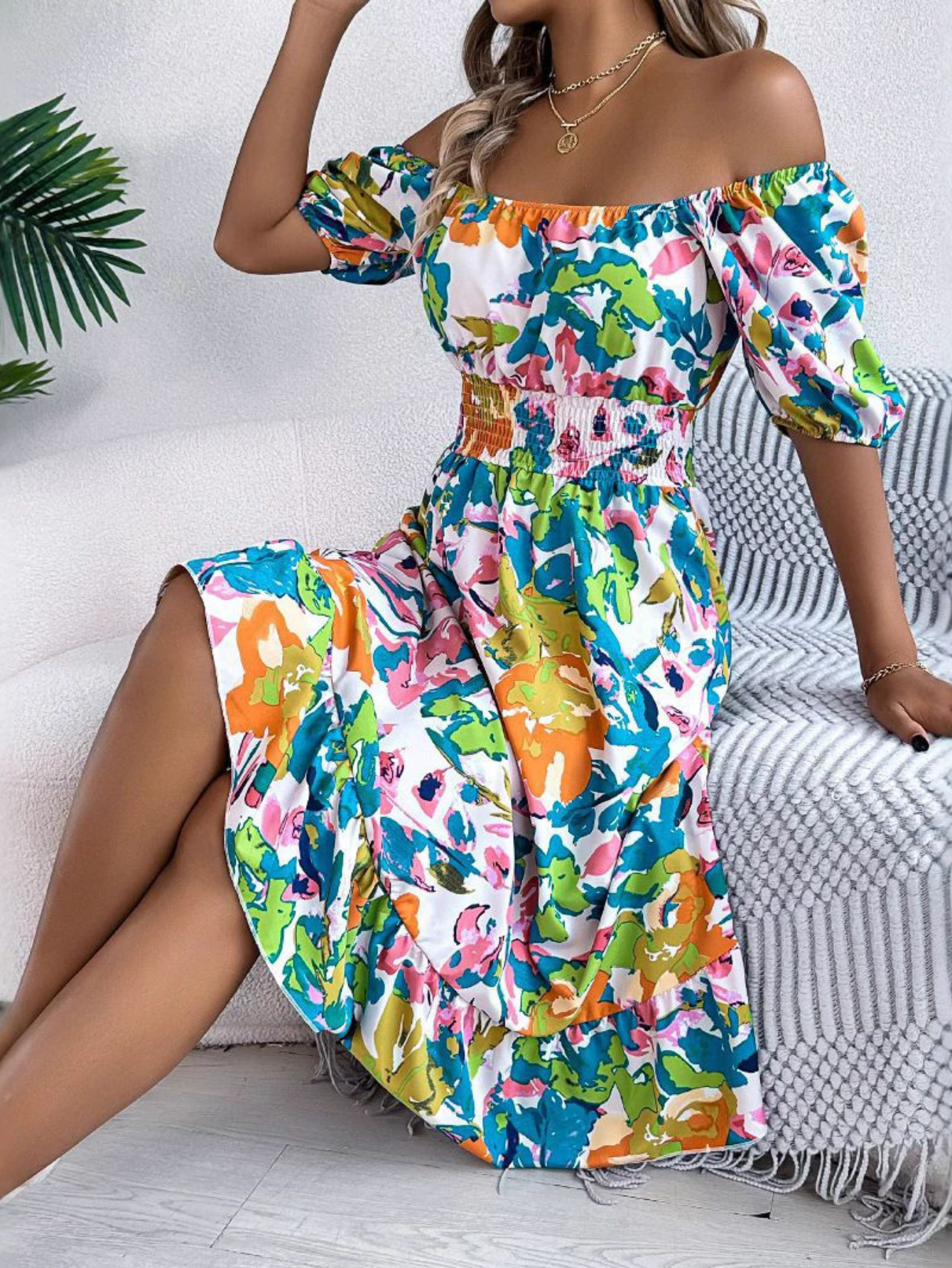 Floral Off Shoulder Puff Sleeve Smocked Waist Ruffle Midi Dress