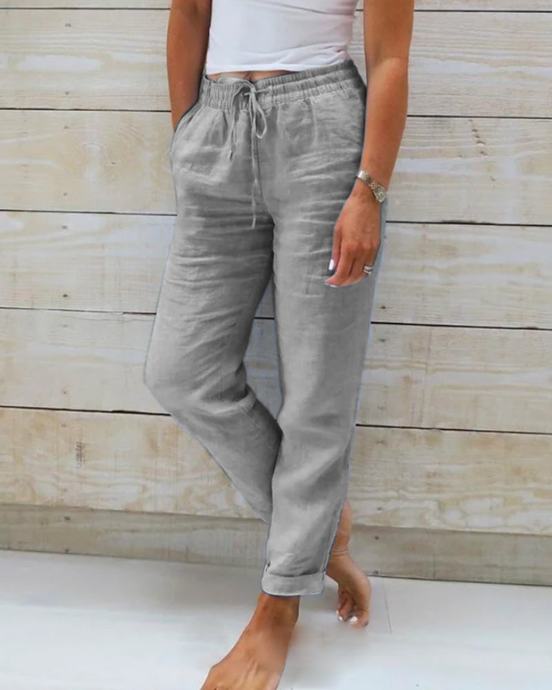 Drawstring Elasticated Waist Straight Leg Linen Pant