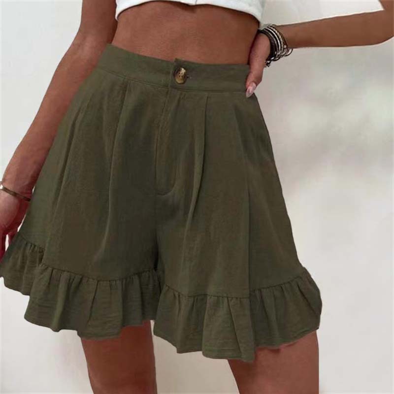 High Waist Ruffle Hem Single Button Casual Cotton Short