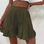 High Waist Ruffle Hem Single Button Casual Cotton Short