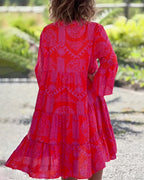 Tribal Print Tiered Flowy V Neck Boho Midi Dresses