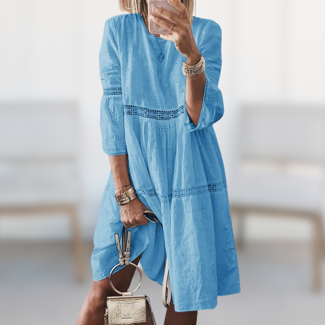 Eyelet Lace Trim Tiered Smock Casual Midi Dress