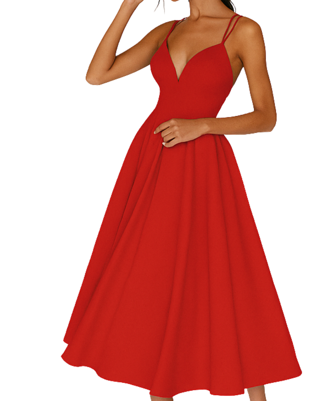 Double Strap Deep V Neck Full Skirt A Line Midi Dress - Formal