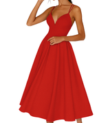 Double Strap Deep V Neck Full Skirt A Line Midi Dress - Formal