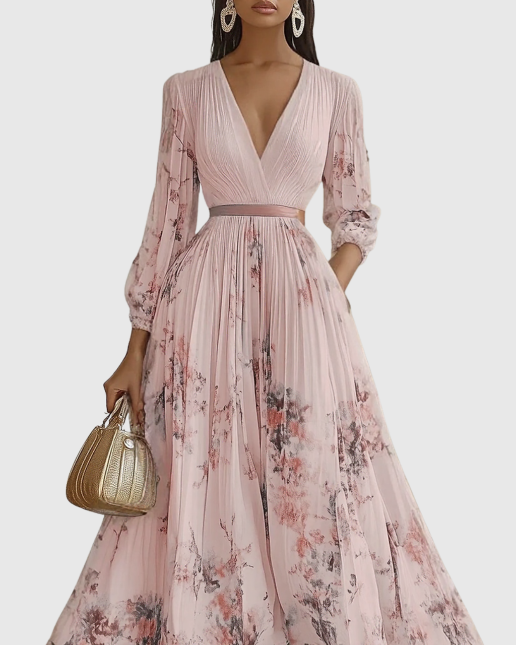 Floral Pleated V-Neck Belted Maxi Dress - Wedding Guest Gown