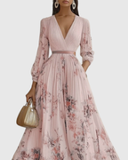 Floral Pleated V-Neck Belted Maxi Dress - Wedding Guest Gown