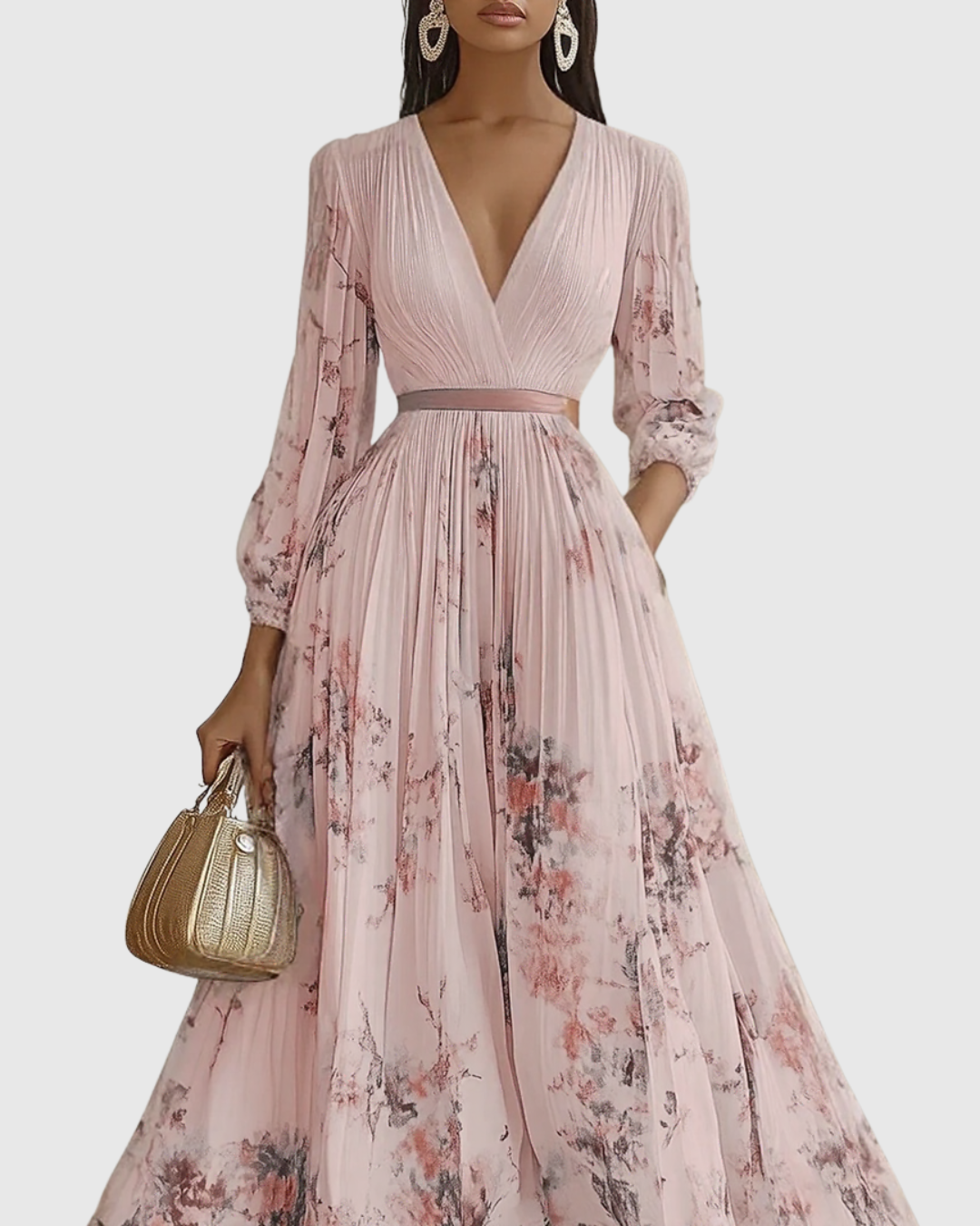 Floral Pleated V-Neck Belted Maxi Dress - Wedding Guest Gown