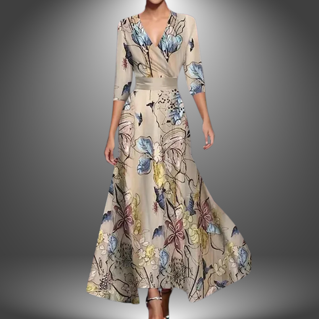 Bold Floral Wrap V Neck Satin Flowy Maxi Dress