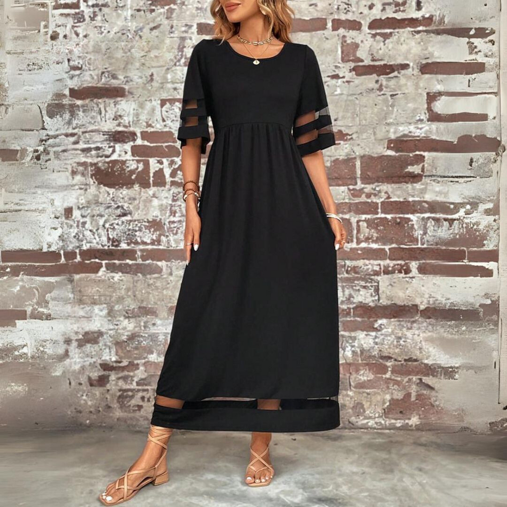 Mesh Panel Flare Sleeve Smock Waist Casual Maxi Dress