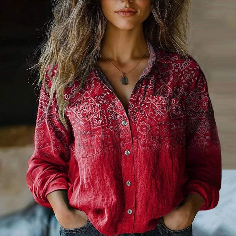 Paisley Bandana Print Long Sleeve Button Down Boho Blouse