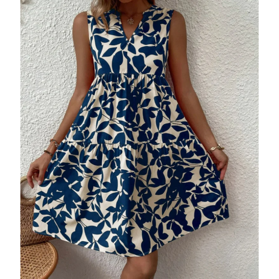 Botanical Leaf Print Tiered Sleeveless V-Neck Mini Dress