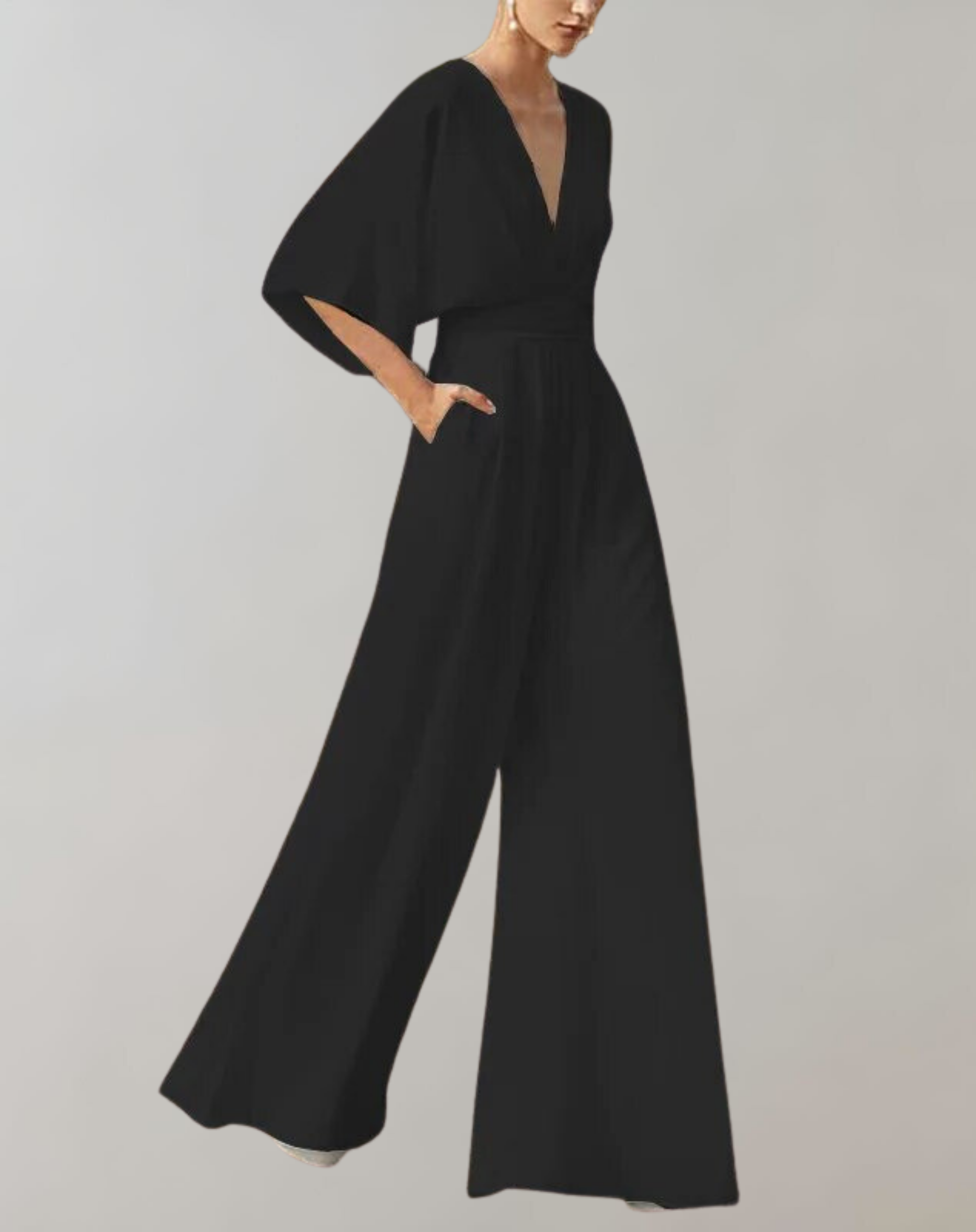 Deep V Neck Kimono Sleeve Belted Wide Leg Formal Jumpsuit