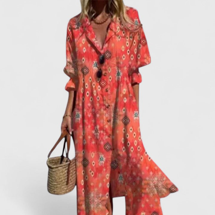 Watercolour Floral Hem Button Front Boho Maxi Dress