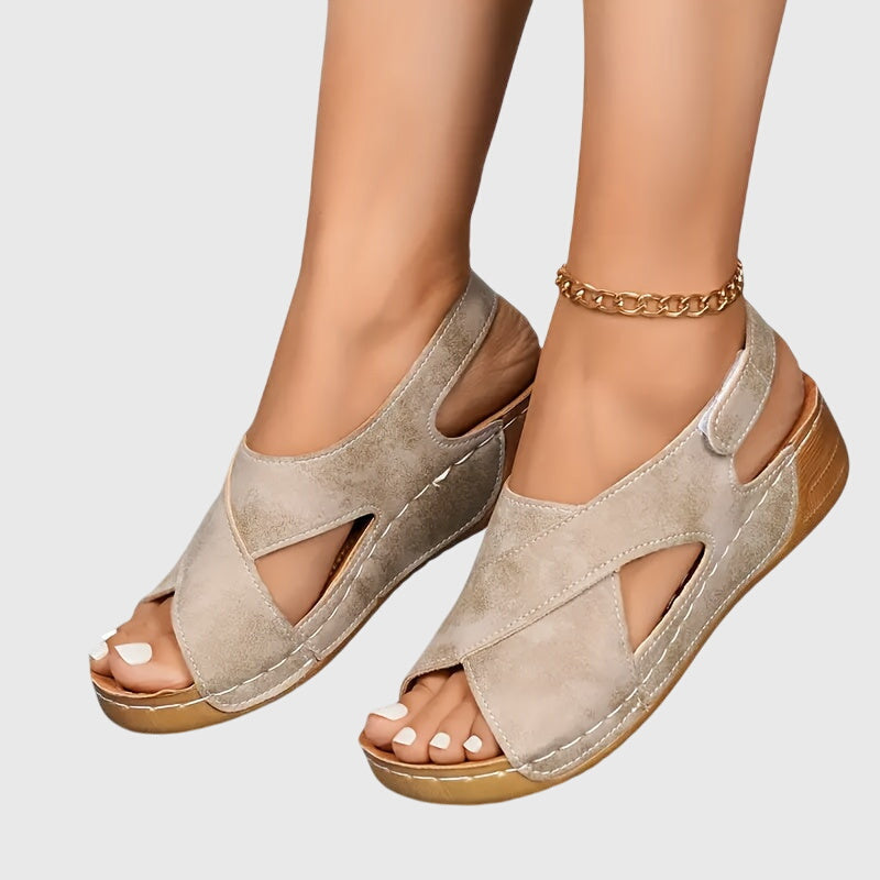 Suede Cross Strap Cut Out Slingback Comfort Wedge Sandal