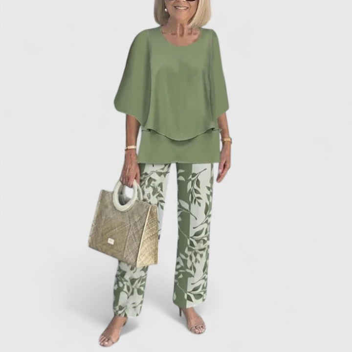 Floral Print Wide Leg Trouser Layered Chiffon Top Two Piece Set