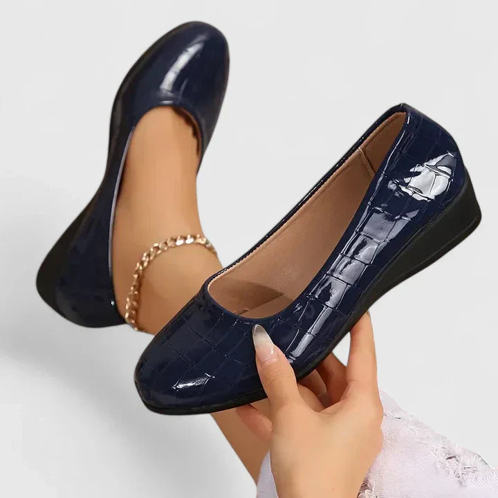 Croc Embossed Patent Slip On Low Wedge Flat