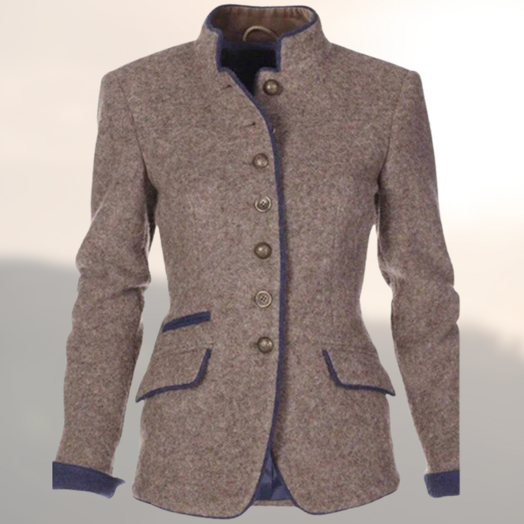 Contrast Trim Stand Collar Button Front Fitted Wool Blazer