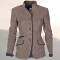 Contrast Trim Stand Collar Button Front Fitted Wool Blazer